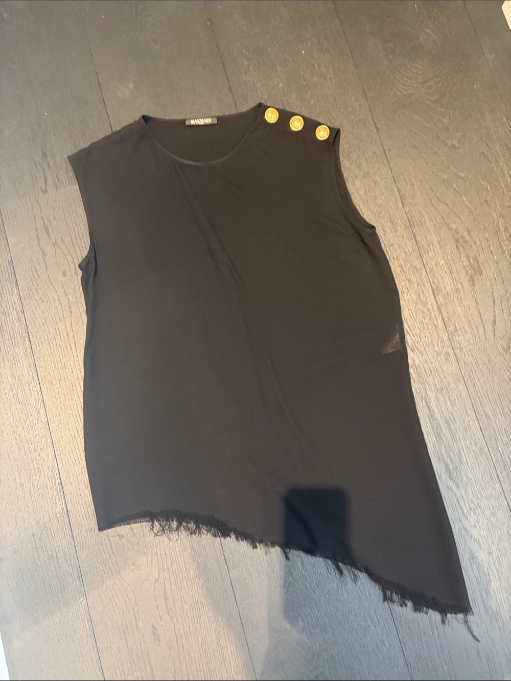 Balmain Black Asymmetrical Sleeveless Top with Gold Buttons